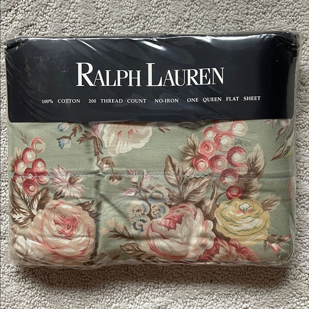 NWT Rare! Ralph Lauren Charlotte IV Queen Flat Sheet- Sage Green Floral, Flowers